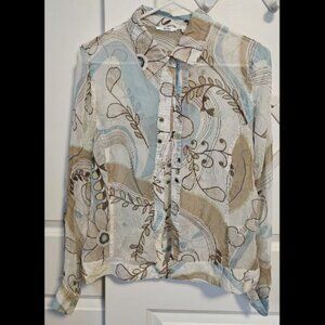 Nicola Sheer Button Up Blouse Women’s M Green Brown Retro Floral Print